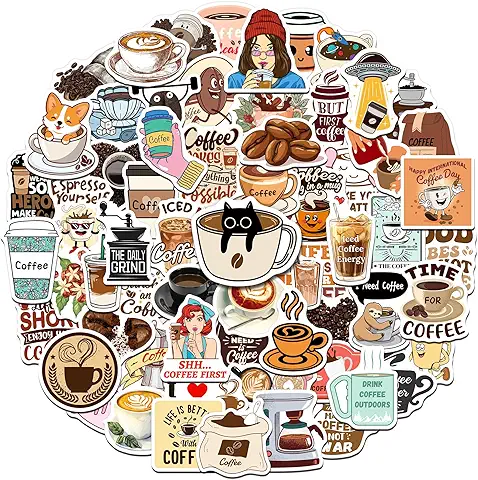 200PCS Coffee Stickers for Cup Water Bottle Tumbler, Waterproof Coffee Themed Decoration Vinyl Stickers for Laptop Journal