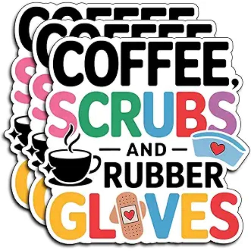 (3Pcs) Coffee Scrubs and Rubber Gloves Stickers Medical Funny Nurse Healthcare Appreciation Nursing School Graduation Gifts Waterproof Vinyl Decal Water Bottle Bumper Car Hard Hat Phone