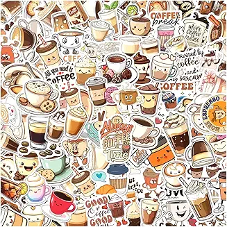 Cute Coffee Lover Stickers Pack 108Pcs Vinyl Decals Featuring Cartoon Latte Espresso Iced Quotes for Laptop Water Bottle Notebook Scrapbook Ideal Students