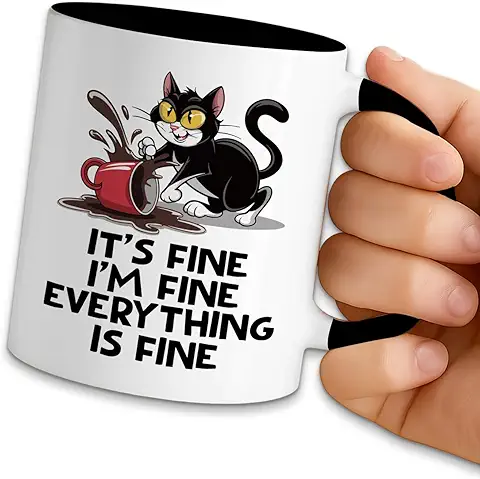 Funny Black Cat Coffee Mug, It's Fine I'm Fine, 11oz Ceramic Double Sided Print Coffee Tea Cup, Humor Mug Gifts for Women Men Cat